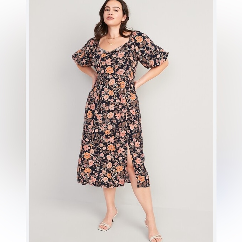 Old Navy Puff-Sleeve Floral-Print Pintucked Smocked Midi Swing Dress Sz: L